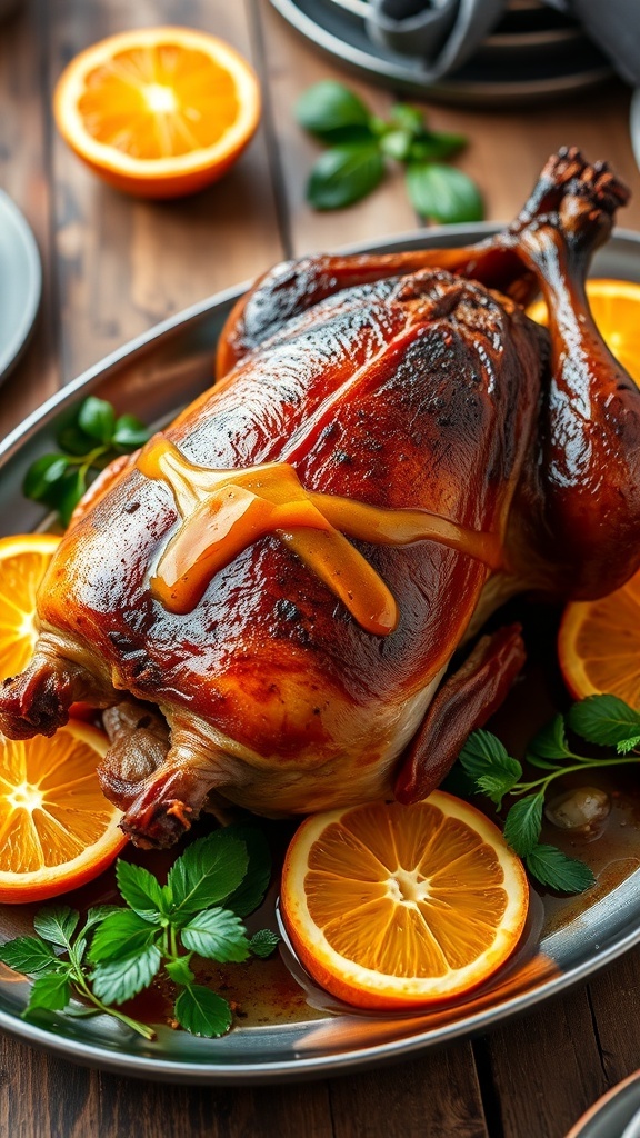 Roasted Duck with Orange Sauce Recipe Roasted duck on a platter with orange sauce and garnished with herbs and orange slices.